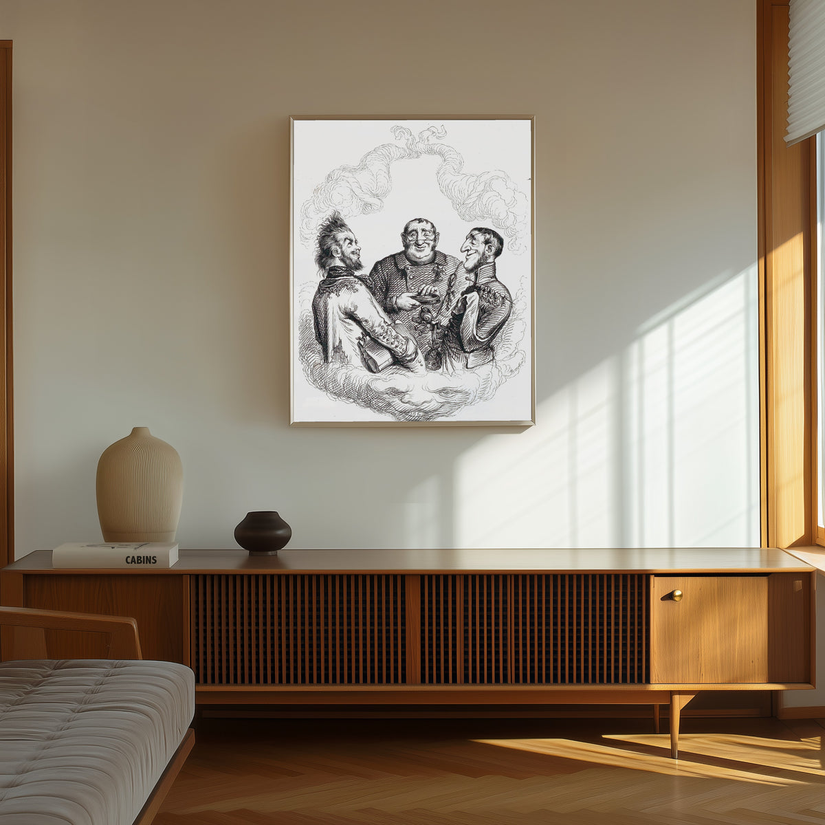 Framed art print of Apothéose du docteur Puff by J. J. Grandville, in a thin light frame on a sunlit wall above a wooden sideboard
