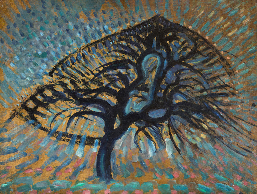 Piet Mondrian — Apple Tree, Pointillist Version | Art Print shown to scale on a wall above a sofa