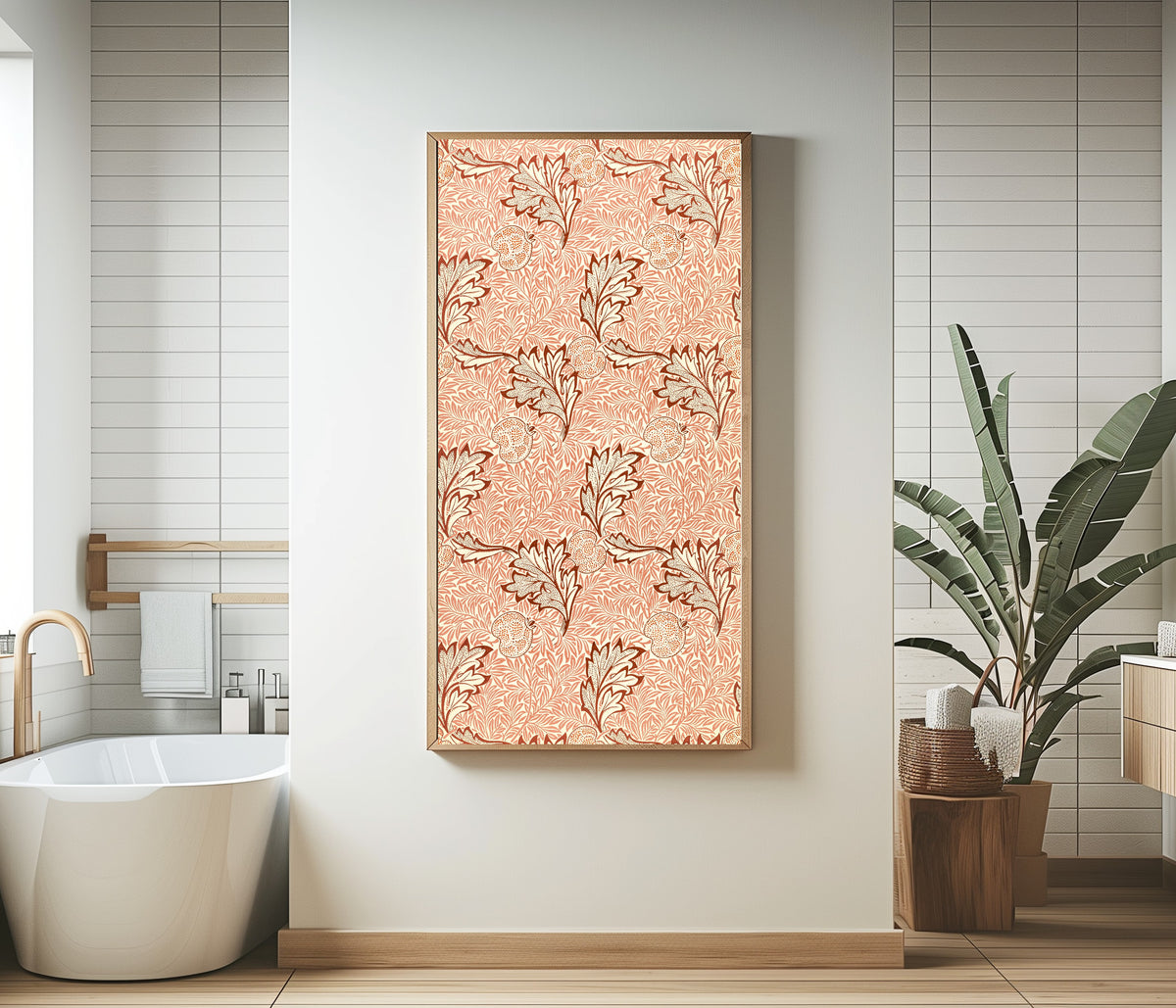 Framed art print of Apple by William Morris, in a bathroom beside a freestanding tub