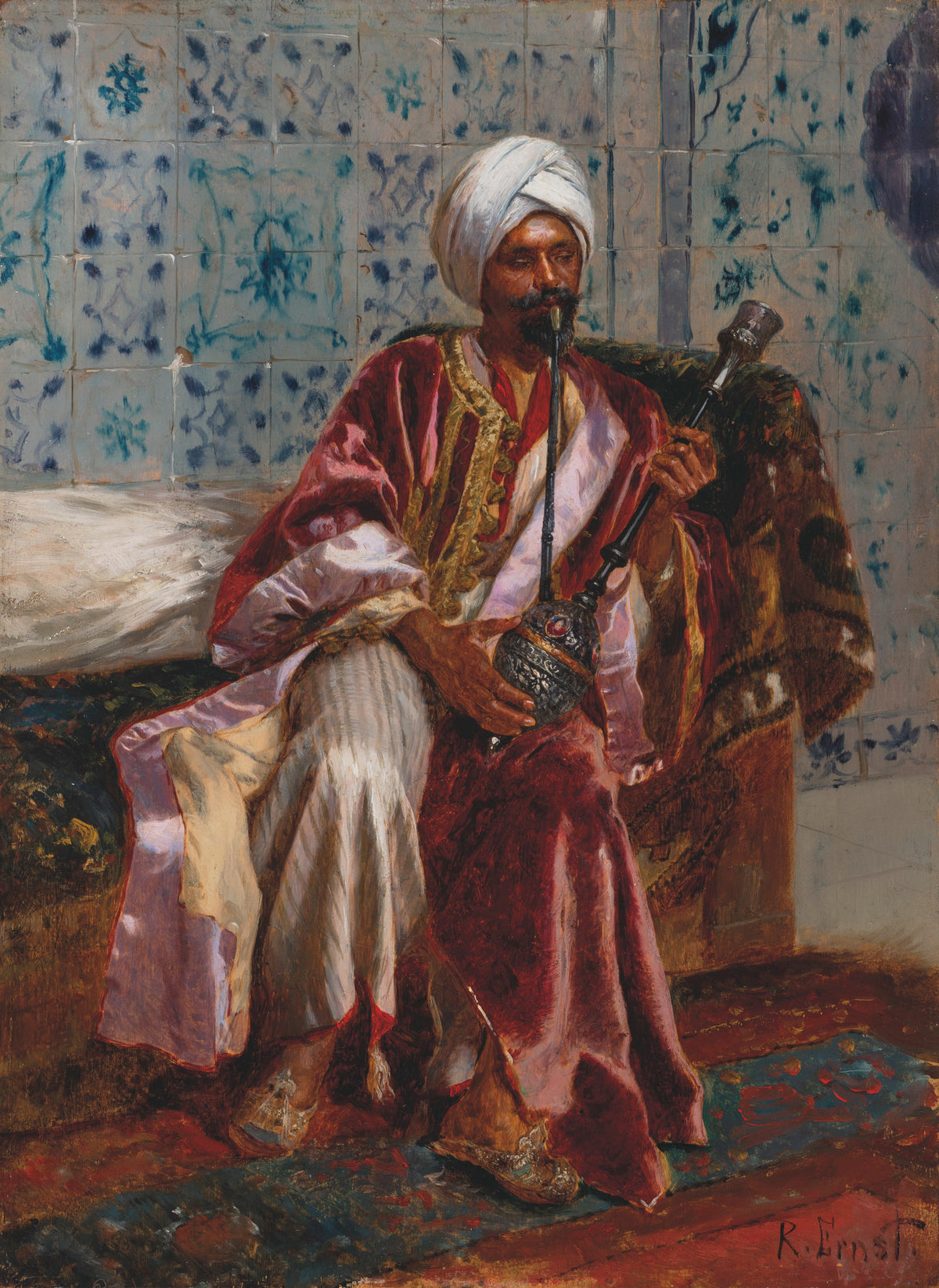 Arab smoking a nargilah by Rudolf Ernst — A man in a crimson velvet robe smokes a long water pipe