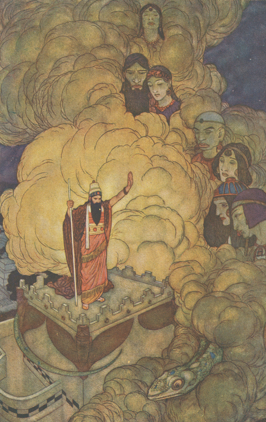 Edmund Dulac — Arabian Nights: Solomon Commands the Spirits of the World | Fairy Tale Illustration Print shown to scale on a wall above a sofa