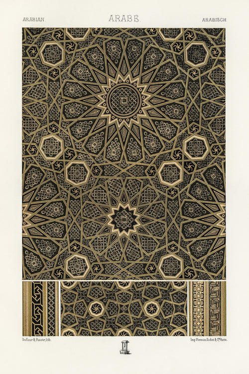Arabian (L'Ornement Polychrome plate) by Auguste Racinet — Interlocking gold stars radiate across a black ornament plate