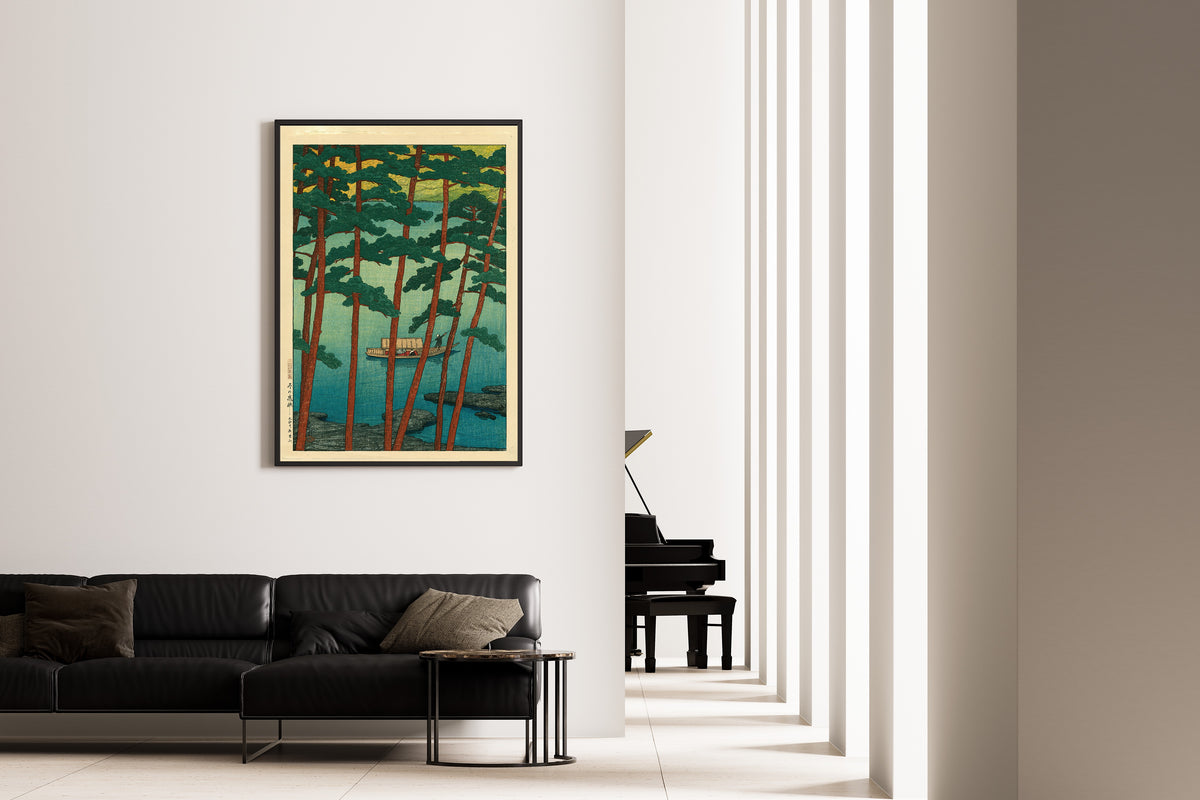 Framed art print of Arashiyama in Winter by Kawase Hasui, on the wall of a minimal living room