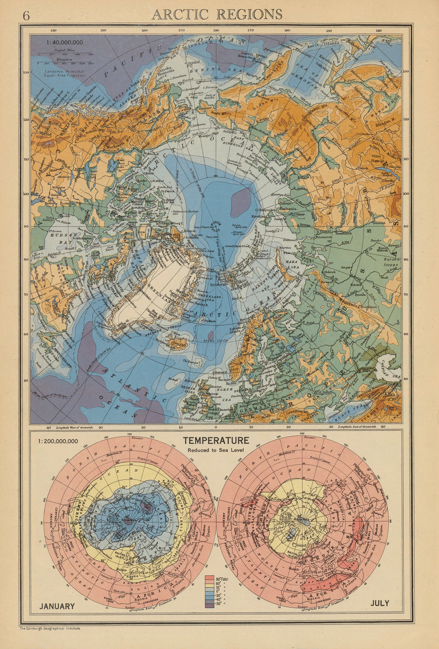 John Bartholomew & Son — Arctic Regions: Temperature, January and July | Vintage Atlas Map Print shown to scale on a wall above a sofa