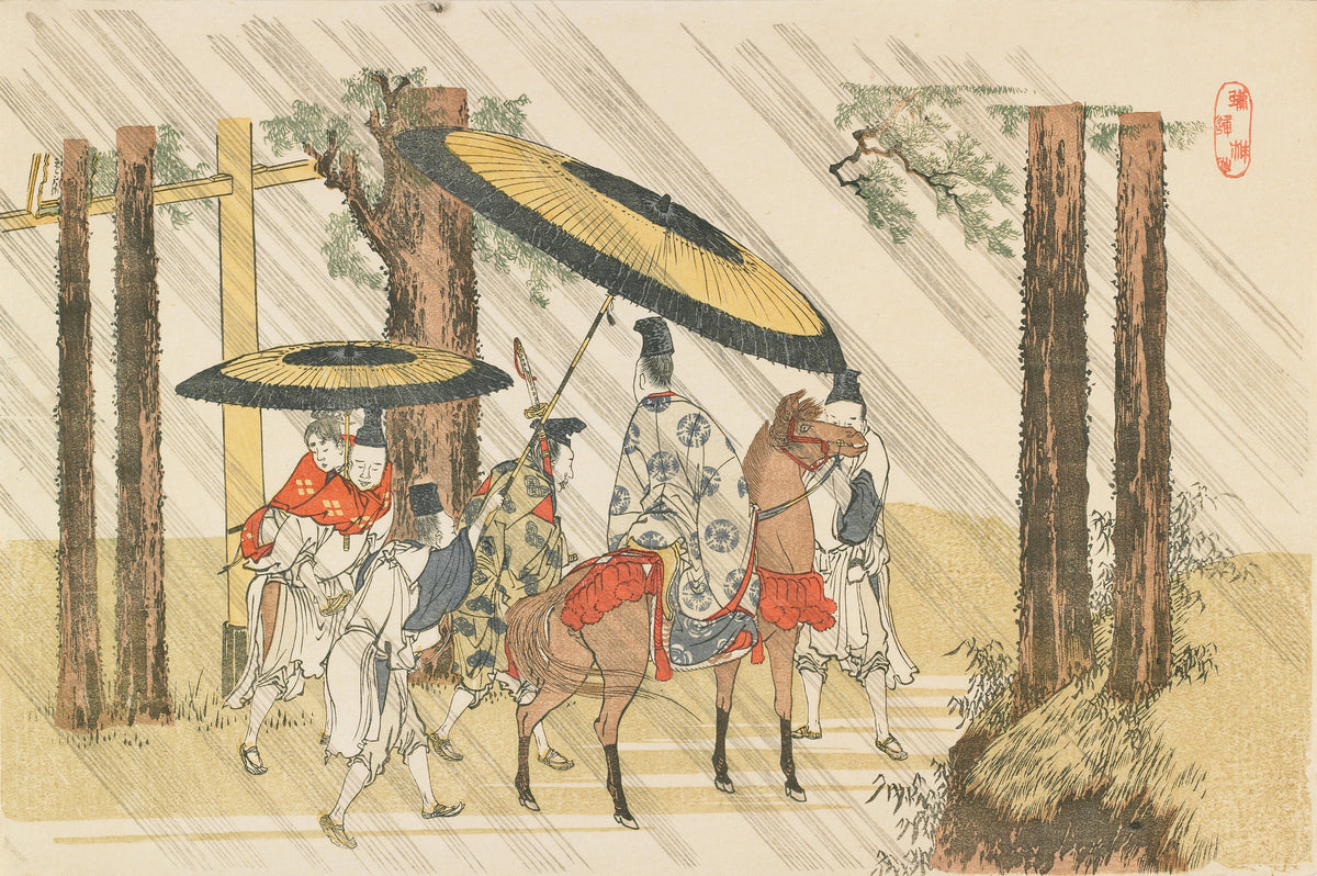 Aridōshi Shrine by Katsushika Hokusai — Travellers shelter under black-and-yellow umbrellas in driving rain