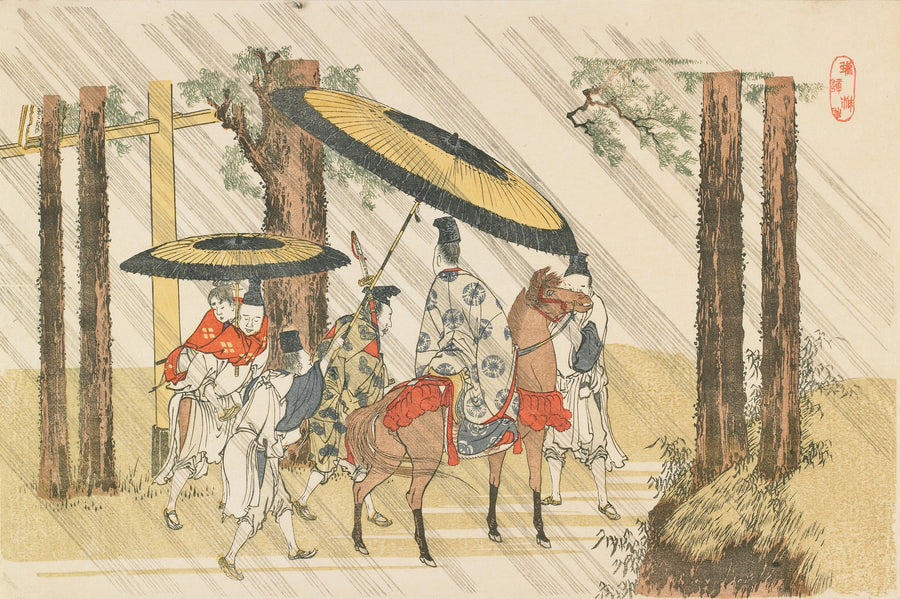 Katsushika Hokusai — Aridōshi Shrine | Japanese Woodblock Print (Ukiyo-e) shown to scale on a wall above a sofa
