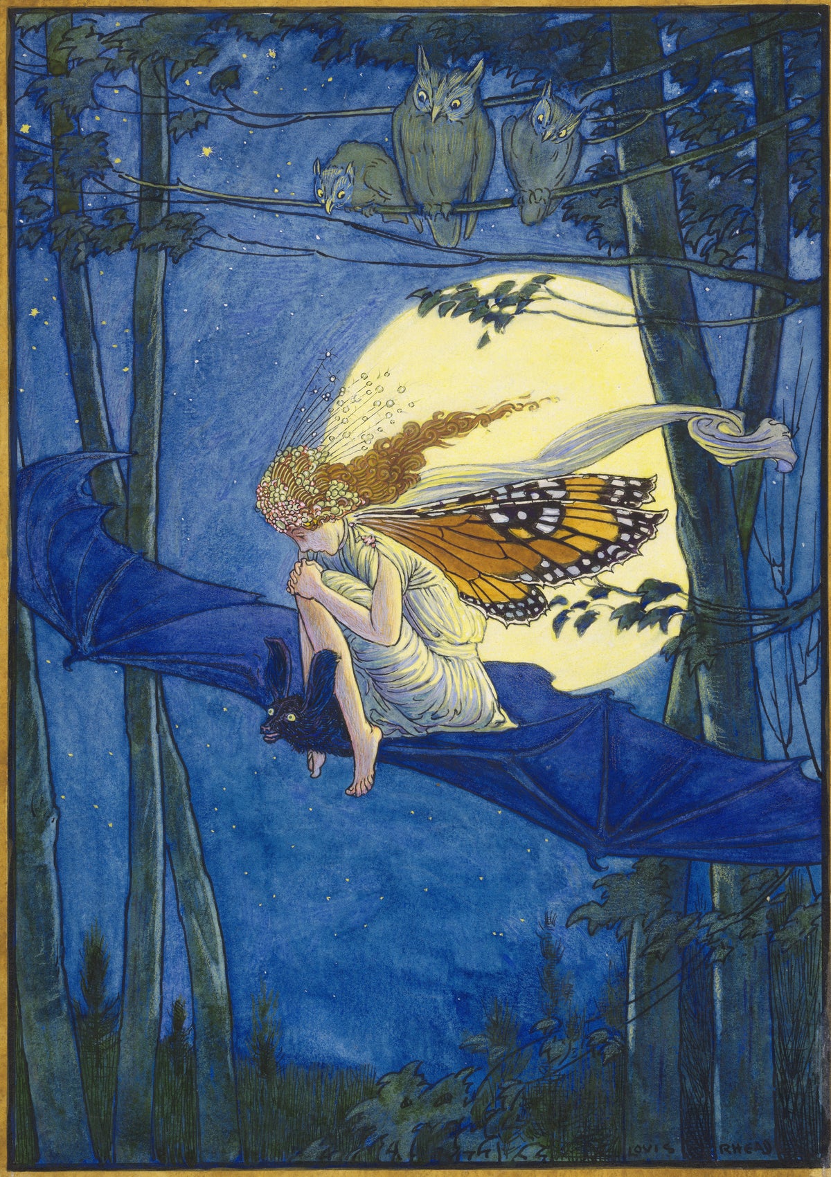 Ariel on a Bat's Back by Louis Rhead — A winged fairy rides a blue bat across a full moon