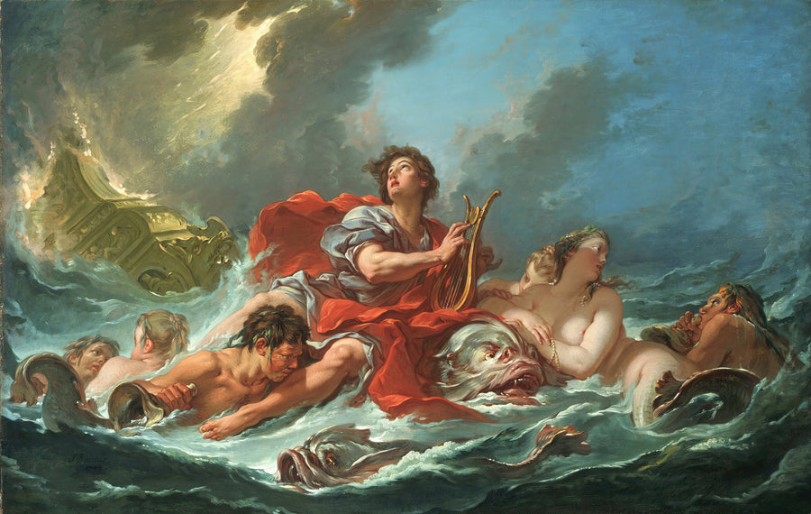 François Boucher — Arion on the Dolphin | Fine Art Print shown to scale on a wall above a sofa