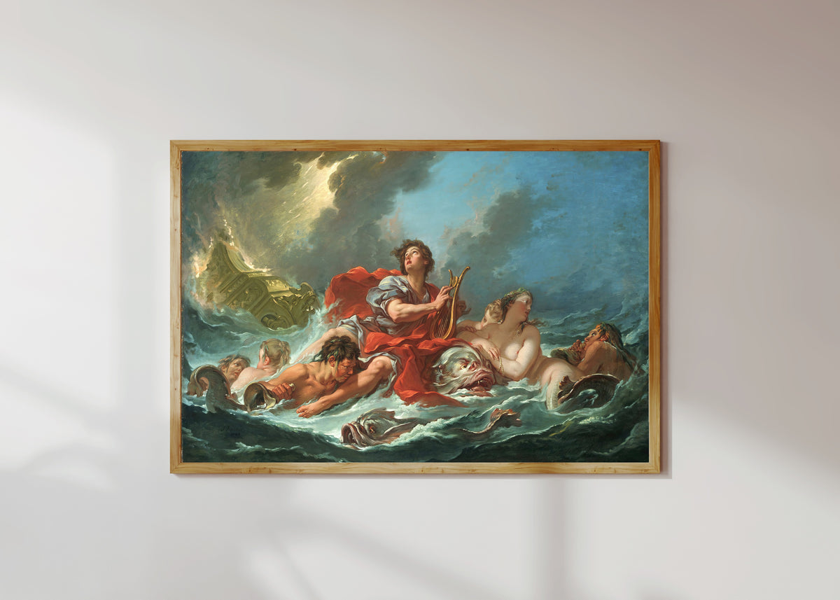 Framed art print of Arion on the Dolphin by François Boucher, in a light wood frame on a sunlit white wall
