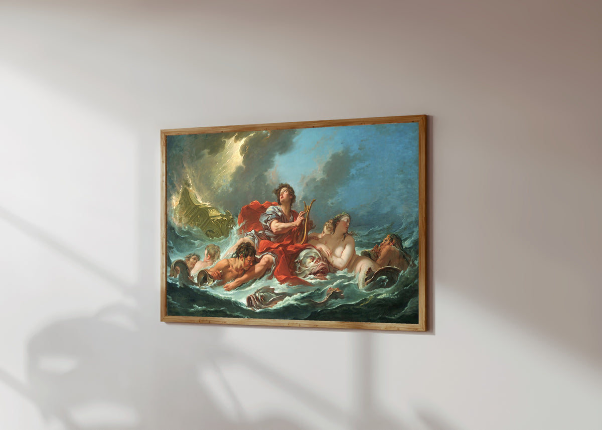 Framed art print of Arion on the Dolphin by François Boucher, in a light wood frame on a sunlit white wall, seen at a slight angle
