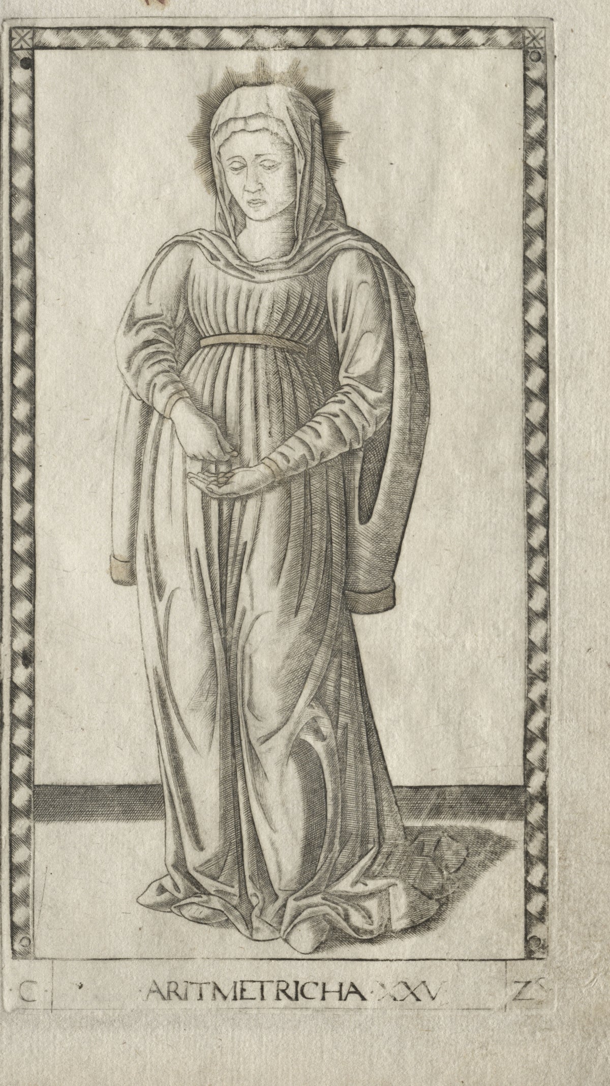Arithmetic (from the Tarocchi, Series C: Liberal Arts, no. 25) by Master of the E-Series Tarocchi — A veiled woman with a rayed halo counts coins into her open