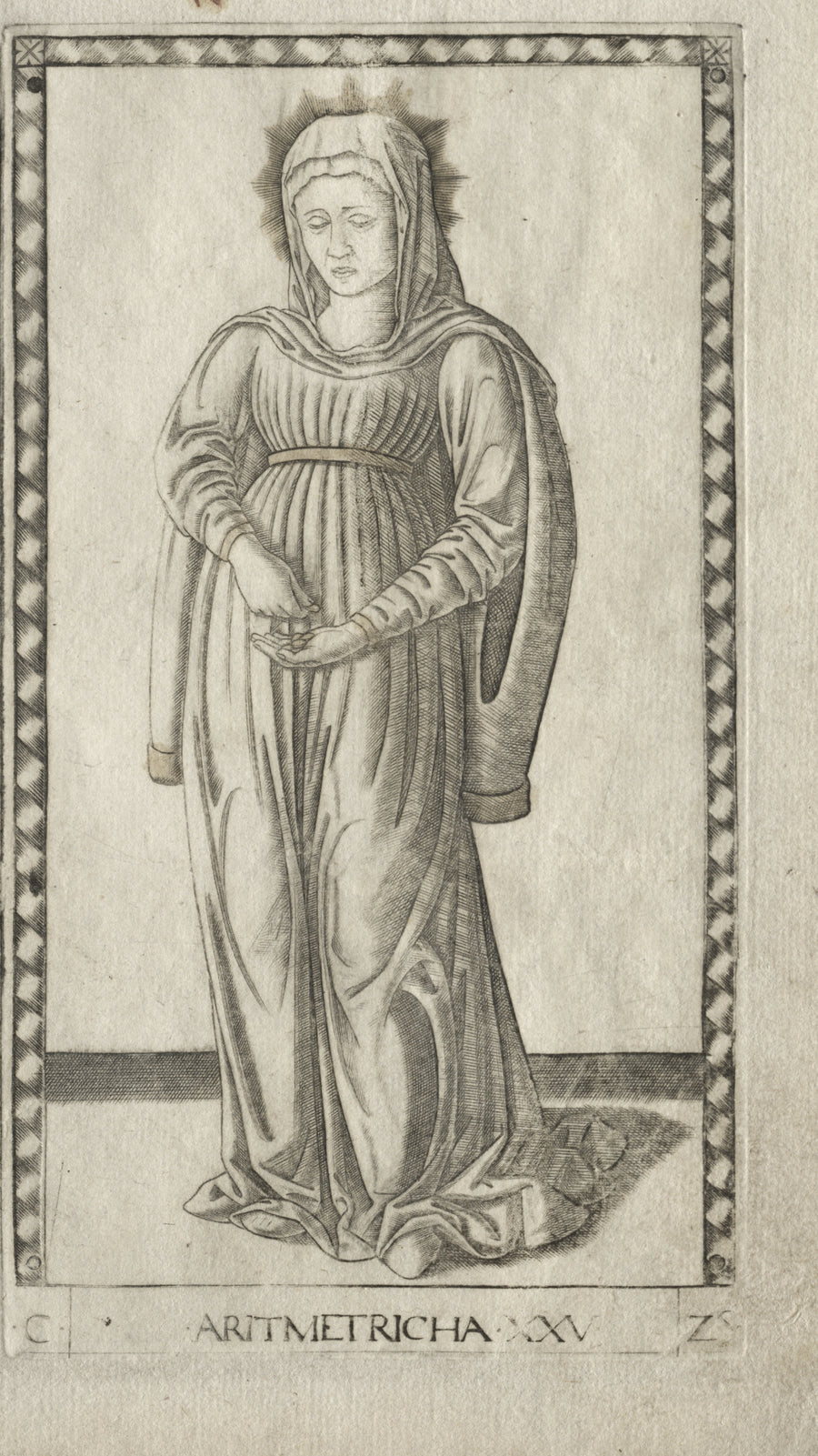 Master of the E-Series Tarocchi — Arithmetic (from the Tarocchi, Series C: Liberal Arts, no. 25) | Esoteric Art Print shown to scale on a wall above a sofa