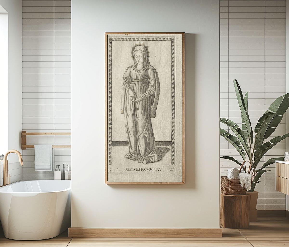 Framed art print of Arithmetic (from the Tarocchi, Series C: Liberal Arts, no. 25) by Master of the E-Series Tarocchi, in a bathroom beside a freestanding tub