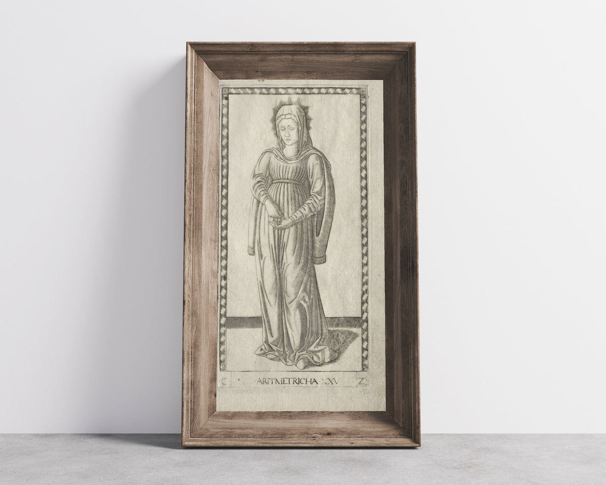 Framed art print of Arithmetic (from the Tarocchi, Series C… by Master of the E-Series Tarocchi, in a wide wooden frame leaning against a concrete wall