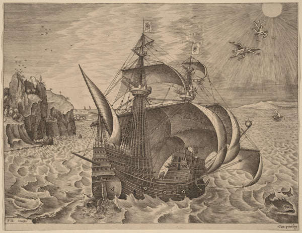 Pieter Bruegel the Elder — Armed Three-Master with Daedalus and Icarus in the Sky | Engraving Print