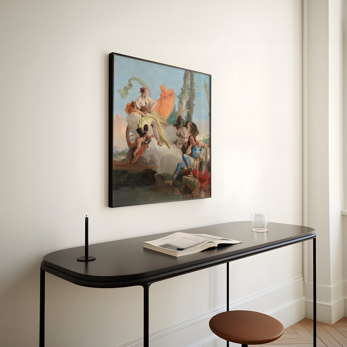 Armida Encounters the Sleeping Rinaldo by Giovanni Battista Tiepolo — framed above a slim black console table