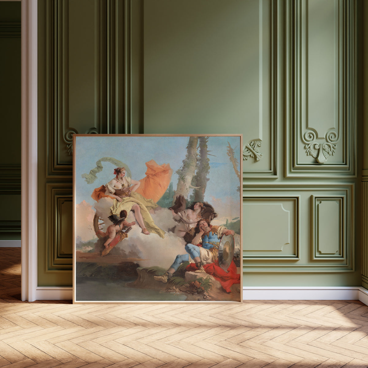 Armida Encounters the Sleeping Rinaldo by Giovanni Battista Tiepolo — framed and leaning against olive-green panelling on a herringbone floor