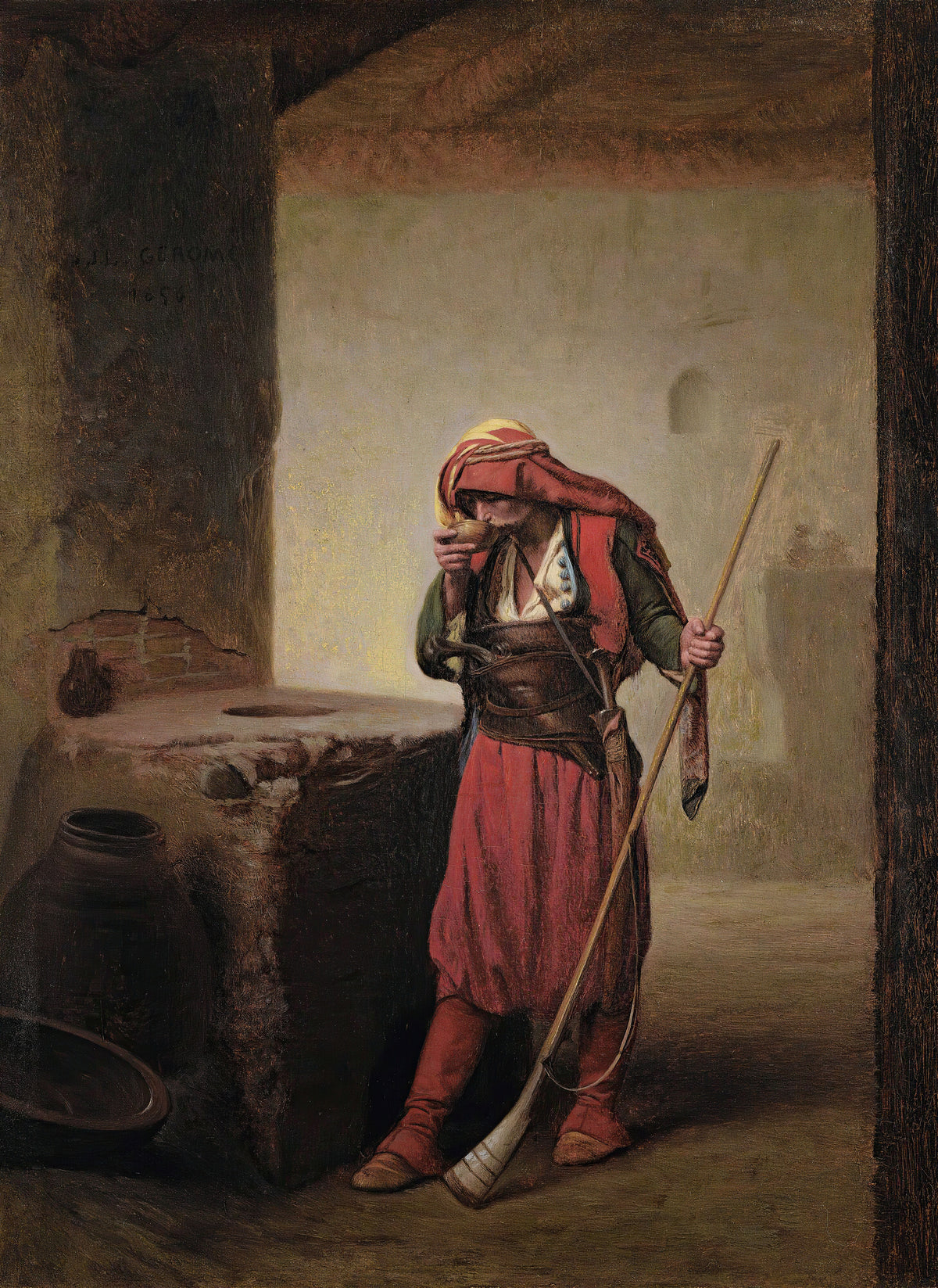 Arnaut Drinking by Jean-Léon Gérôme — A soldier in red stops to drink from a bowl beside a stone well