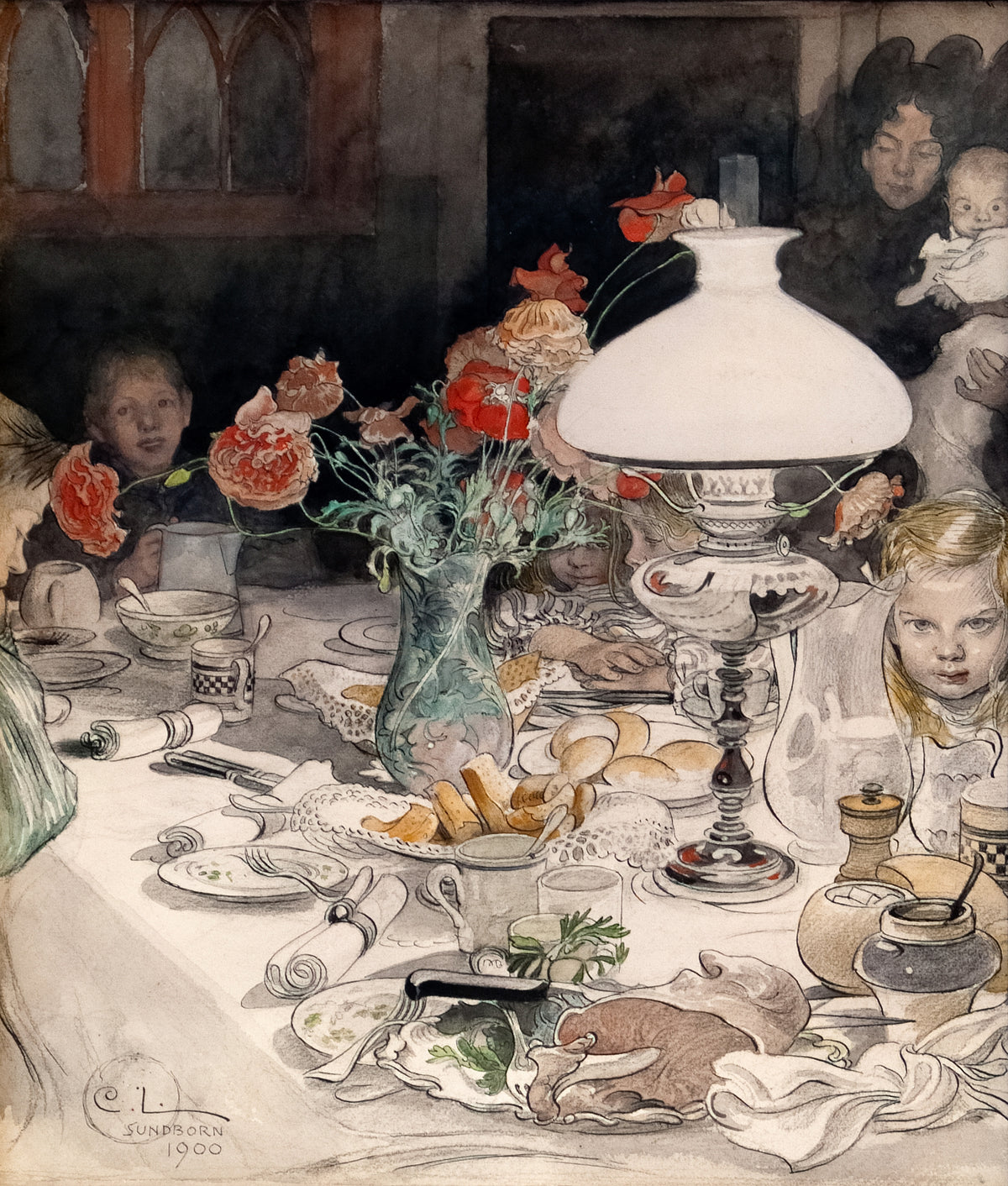 Carl Larsson — Around the Evening Lamp | Swedish Watercolour Print