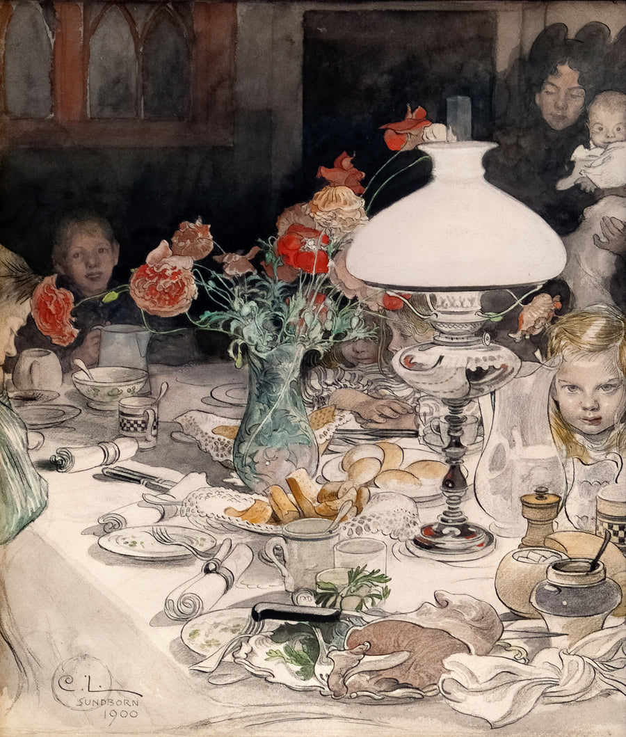 Carl Larsson — Around the Evening Lamp | Swedish Watercolour Print shown to scale on a wall above a sofa