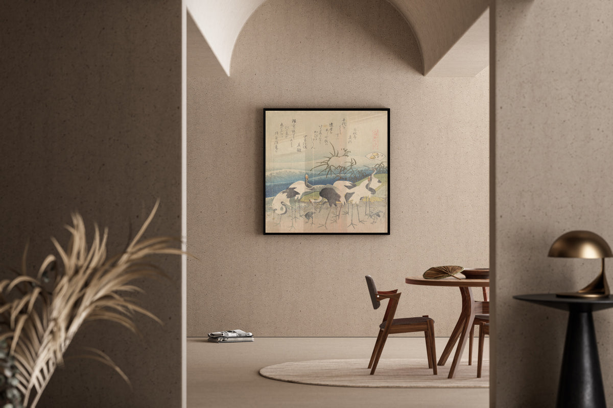 Framed art print of Ashi Clam by Katsushika Hokusai, in a sunlit dining corner