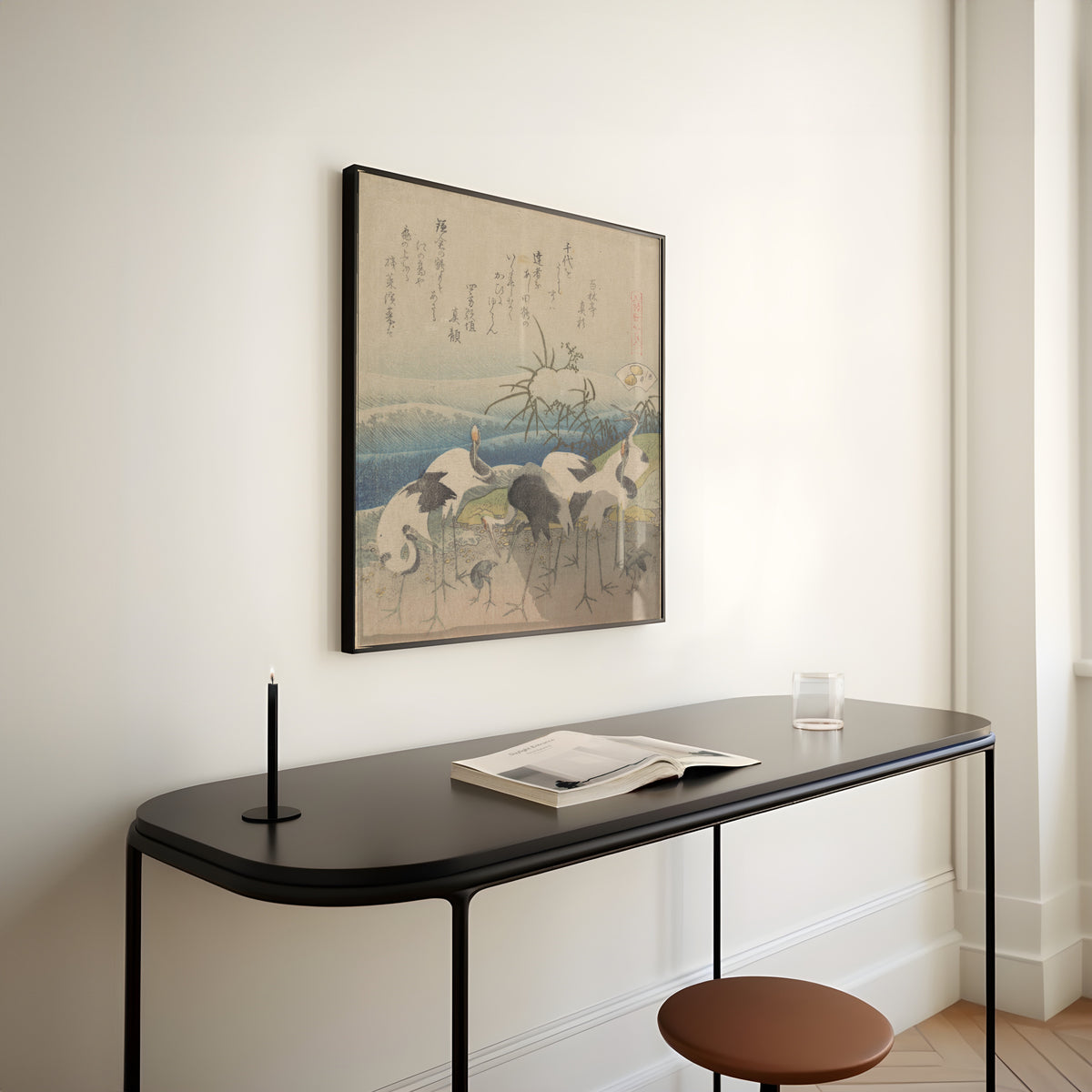 Framed art print of Ashi Clam by Katsushika Hokusai, above a slim black console table