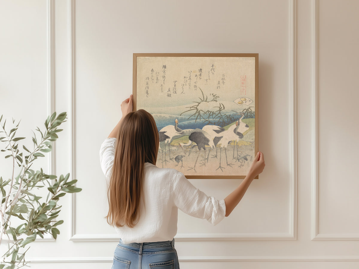 Framed art print of Ashi Clam by Katsushika Hokusai, hung on a panelled wall