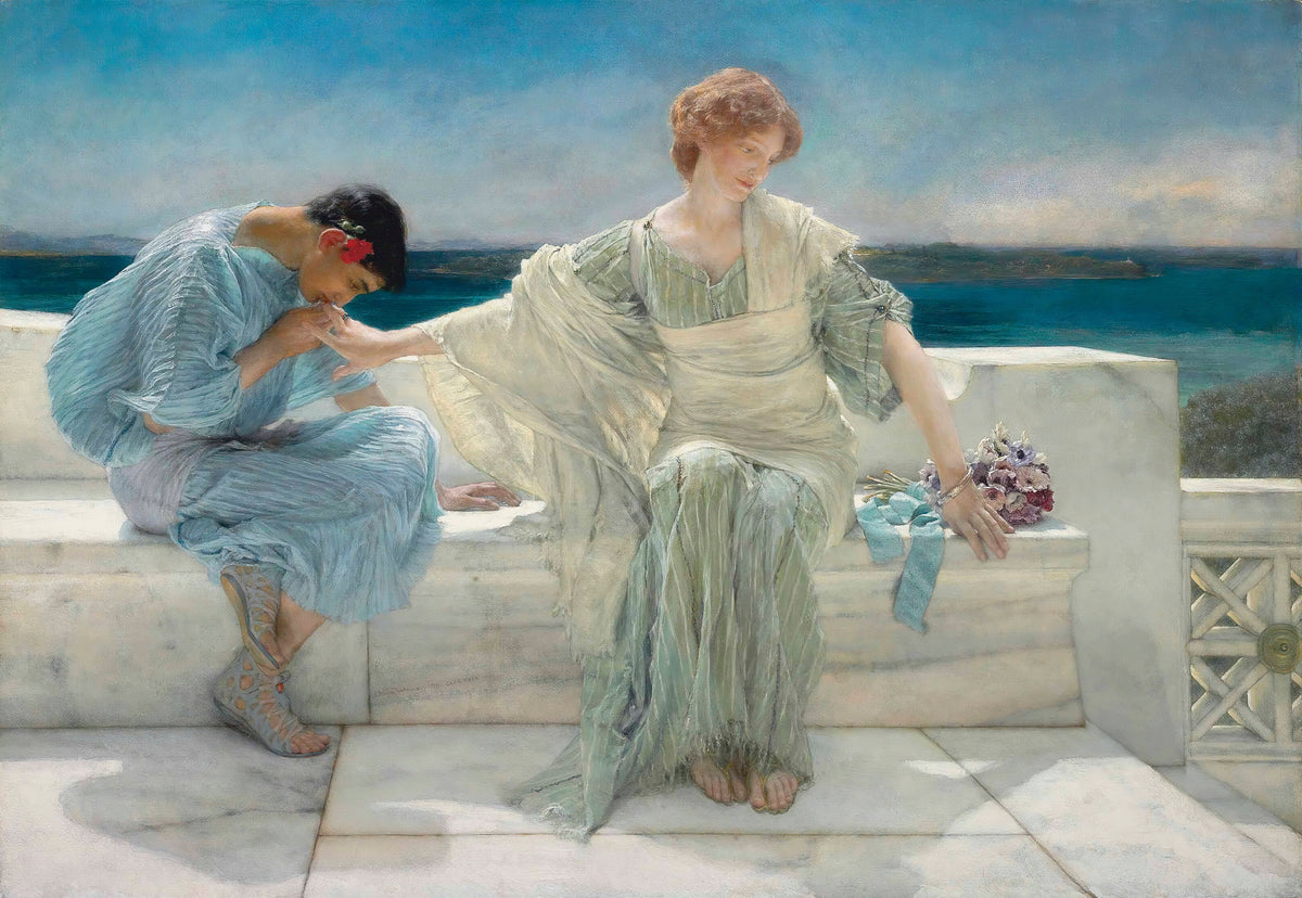 Ask Me No More by Lawrence Alma-Tadema — A young man kisses a woman's hand on a marble terrace above a blue sea