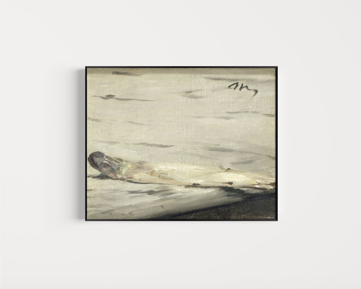 Framed art print of Asparagus by Édouard Manet, in a slim black frame on a plain white wall