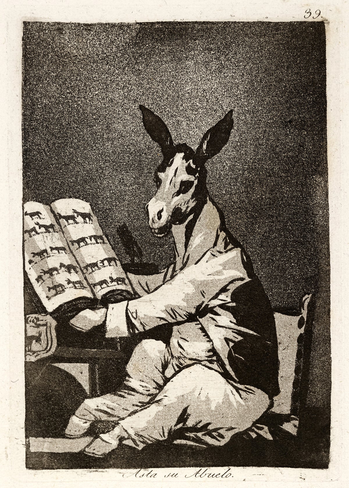 Asta su abuelo (And So Was His Grandfather), Los Caprichos, Plate 39 by Francisco de Goya — A donkey in a gentleman's coat leafs through a book of donkeys