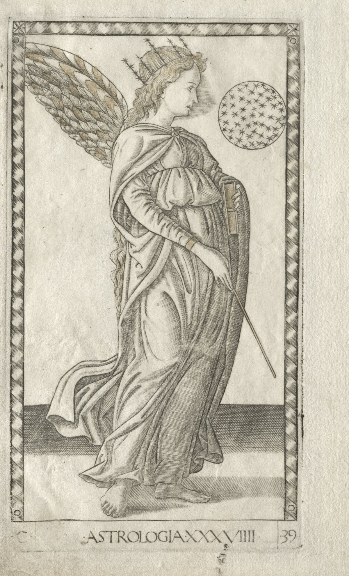 Astrology (from the Tarocchi, Series C: Liberal Arts, no. 29) by Master of the E-Series Tarocchi — A winged woman in a star-tipped crown points her rod toward