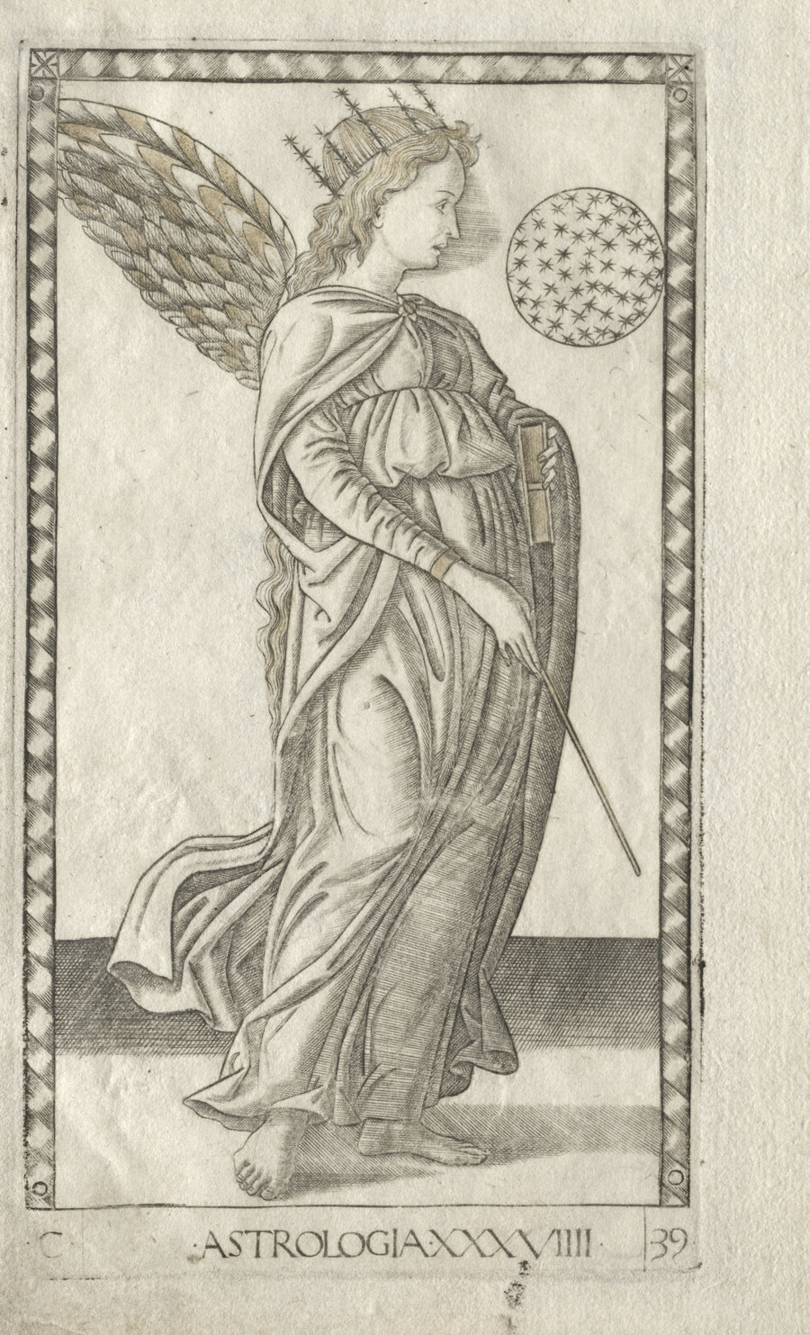 Master of the E-Series Tarocchi — Astrology (from the Tarocchi, Series C: Liberal Arts, no. 29) | Esoteric Art Print shown to scale on a wall above a sofa
