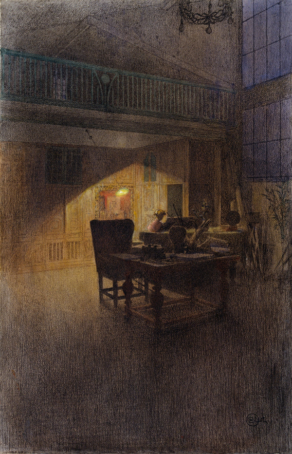 Carl Larsson — At the Piano | Swedish Charcoal and Gouache Print