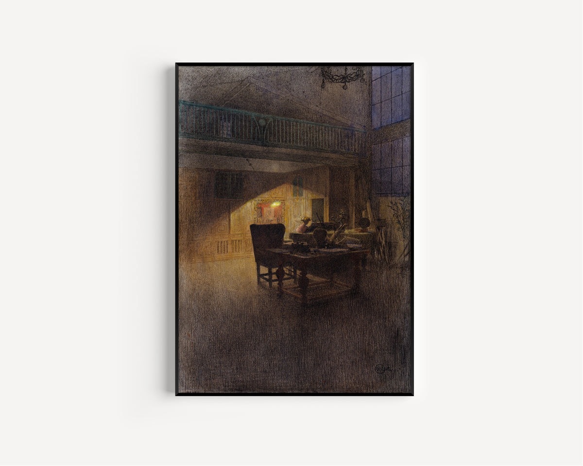 Carl Larsson — At the Piano | Swedish Charcoal and Gouache Print