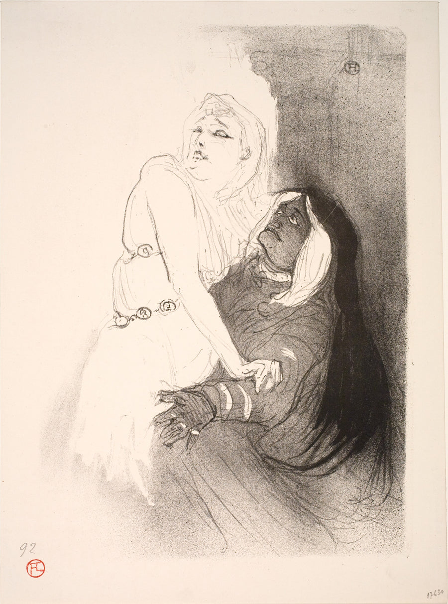 Henri de Toulouse-Lautrec — At the Renaissance: Sarah Bernhardt in Phèdre | Lithograph Print shown to scale on a wall above a sofa