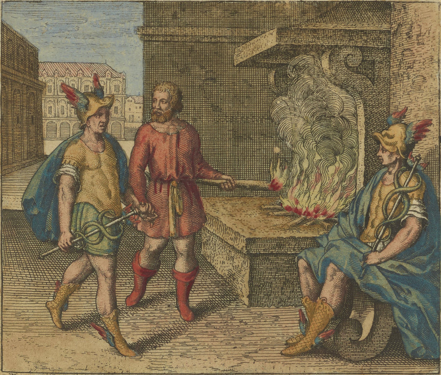 Michael Maier — Atalanta Fugiens, Emblem 10: Give Fire to Fire, Mercury to Mercury, and You Have Enough | Alchemical Engraving Print shown to scale on a wall above a sofa