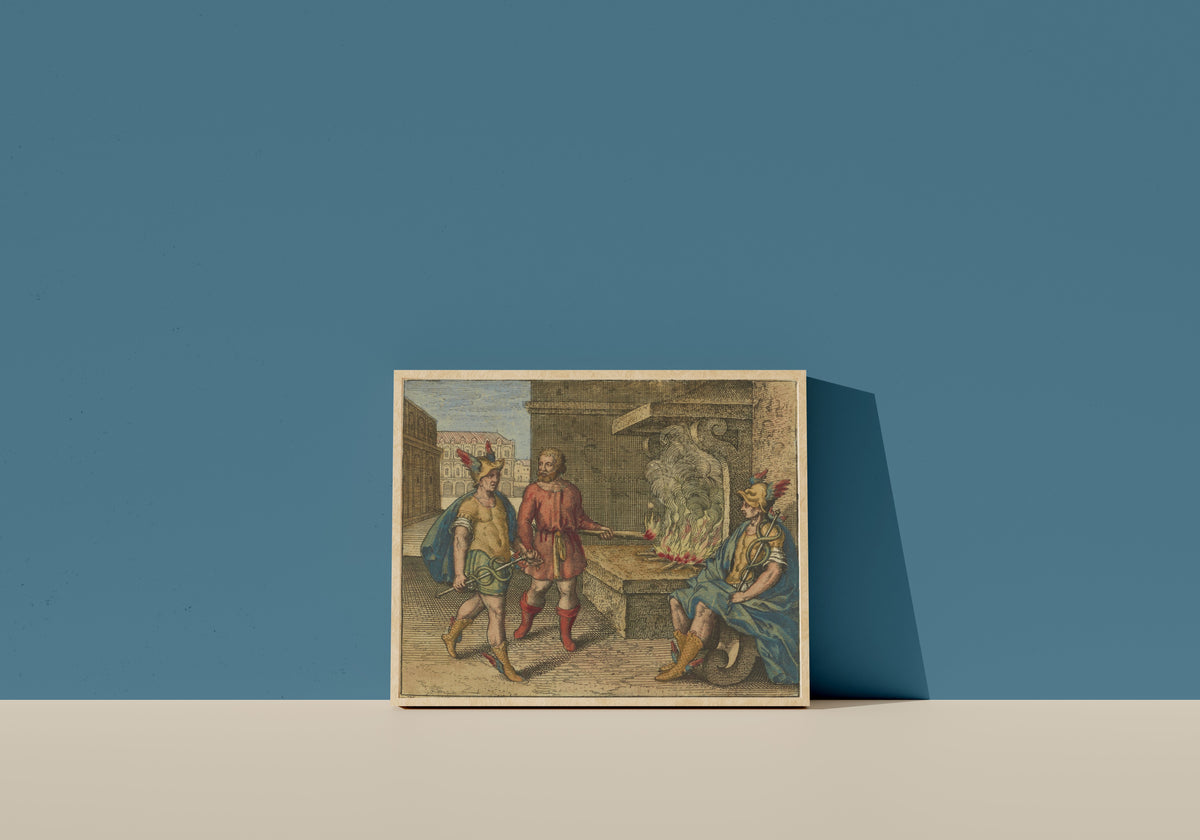 Framed art print of Atalanta Fugiens, Emblem 10: Give Fire to Fire, Mercury to Mercury, and You… by Michael Maier, in a light wood frame leaning on a blue wall