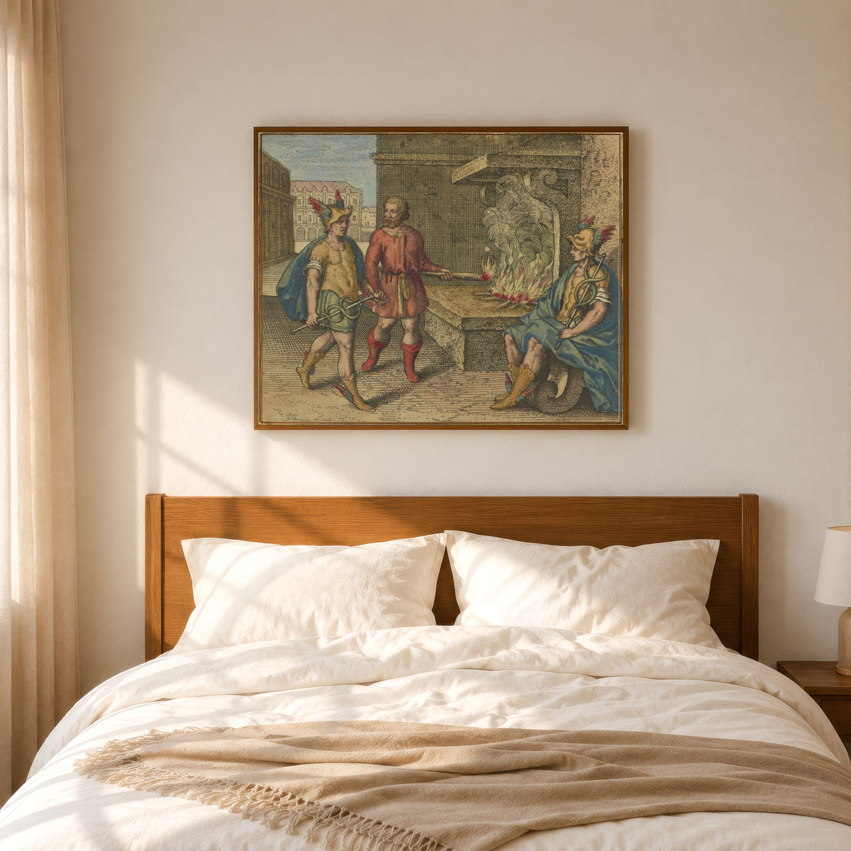 Framed art print of Atalanta Fugiens, Emblem 10: Give Fire to Fire, Mercury to Mercury… by Michael Maier, in a slim wood frame above a bed in a sunlit bedroom