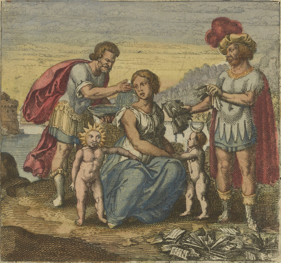 Michael Maier — Atalanta Fugiens, Emblem 11: Whiten Latona and Tear Your Books | Alchemical Engraving Print shown to scale on a wall above a sofa