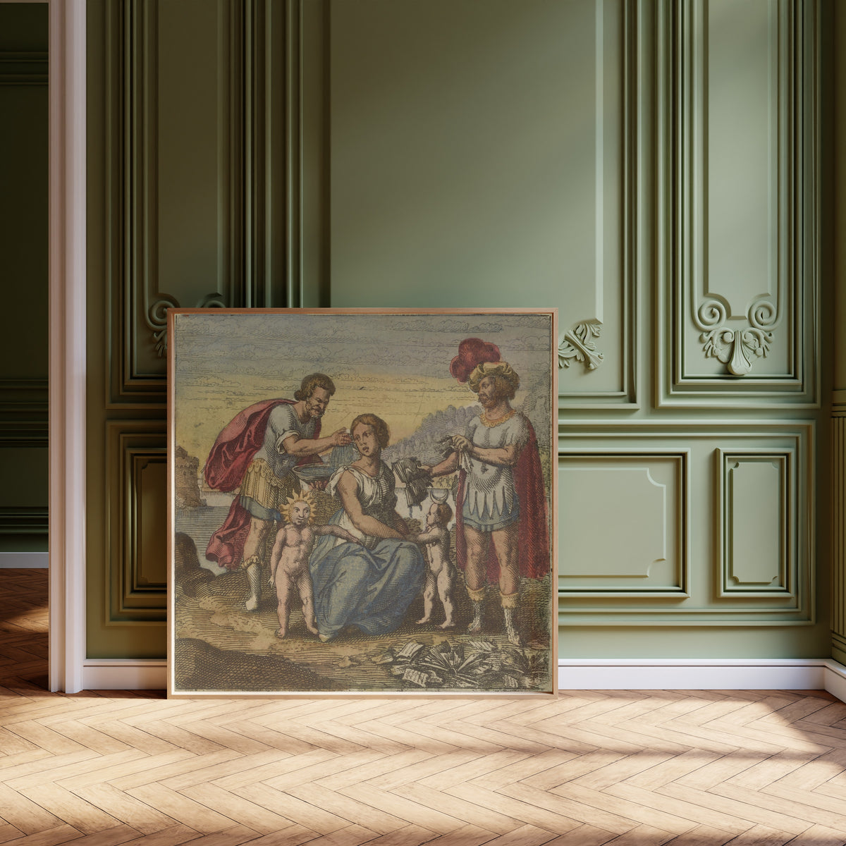 Framed art print of Atalanta Fugiens, Emblem 11: Whiten Latona and Tear Your… by Michael Maier, leaning against olive-green panelling on a herringbone floor