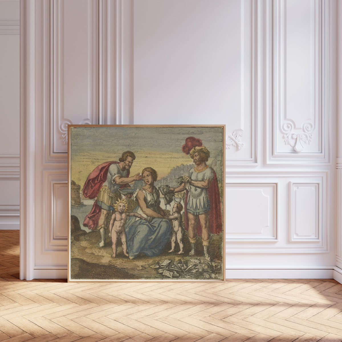 Framed art print of Atalanta Fugiens, Emblem 11: Whiten Latona and Tear Your Books by Michael Maier, leaning against pale pink panelling on a herringbone floor