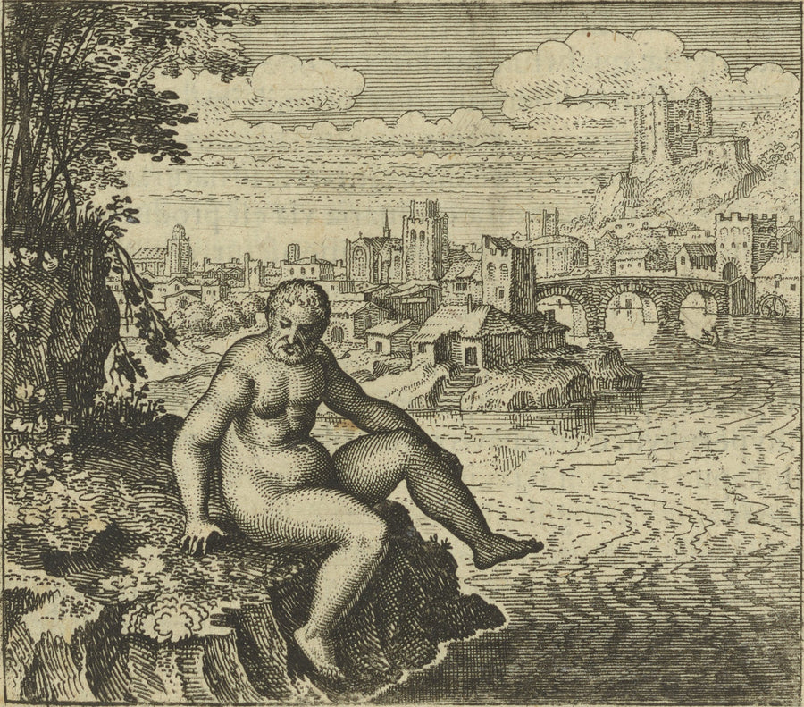 Michael Maier — Atalanta Fugiens, Emblem 13: Ore of the Philosophers Needs Washing Seven Times | Alchemical Engraving Print shown to scale on a wall above a sofa