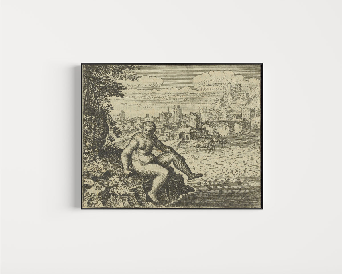 Framed art print of Atalanta Fugiens, Emblem 13: Ore of the Philosophers Needs Washing Seven Times by Michael Maier, in a slim black frame on a plain white wall