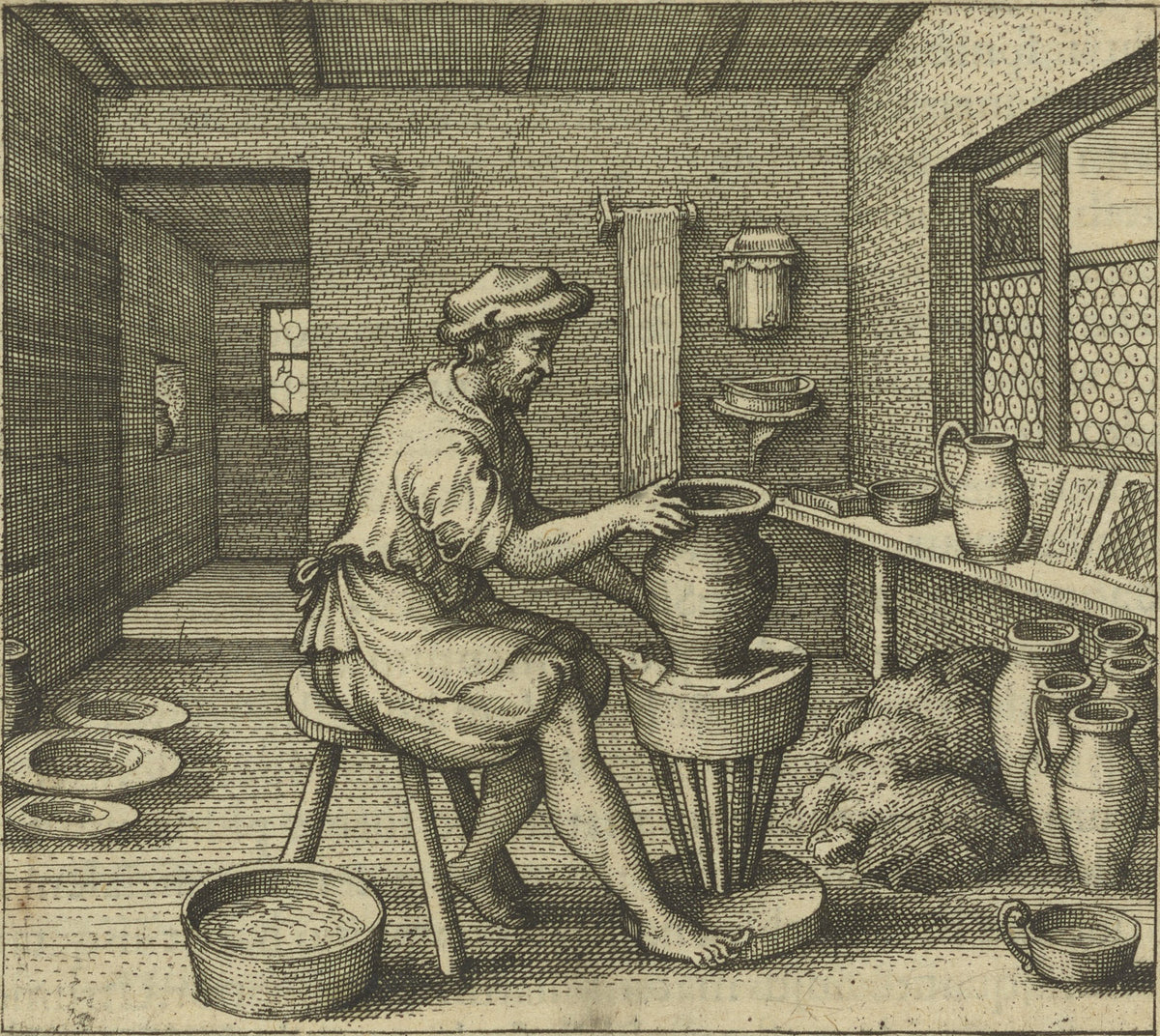 Atalanta Fugiens, Emblem 15: The Work of the Potter, Consisting of the Dry and the Wet, Teaches You by Michael Maier — A bearded potter shapes a tall jug on