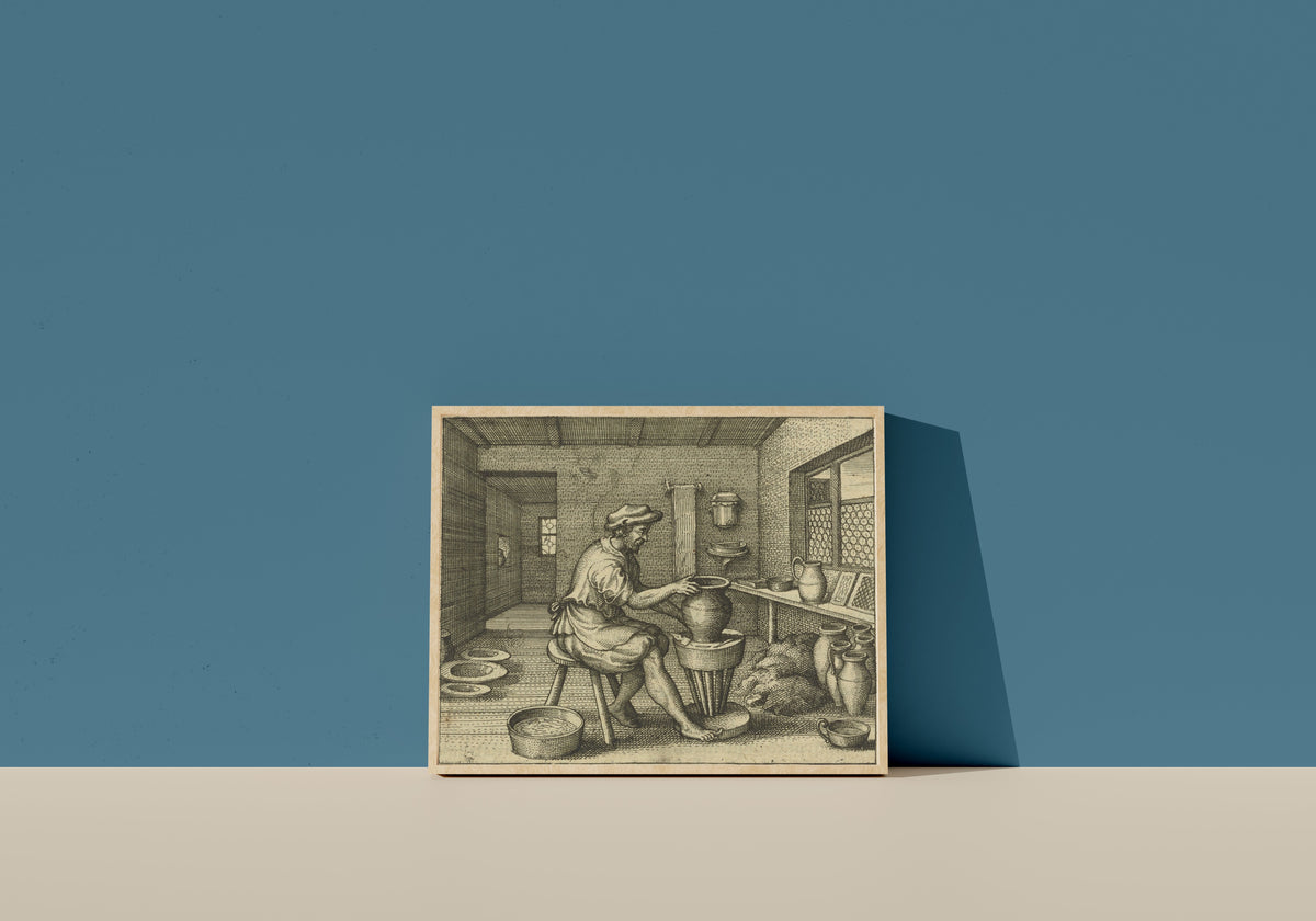 Framed art print of Atalanta Fugiens, Emblem 15: The Work of the Potter, Consisting of the Dry… by Michael Maier, in a light wood frame leaning on a blue wall