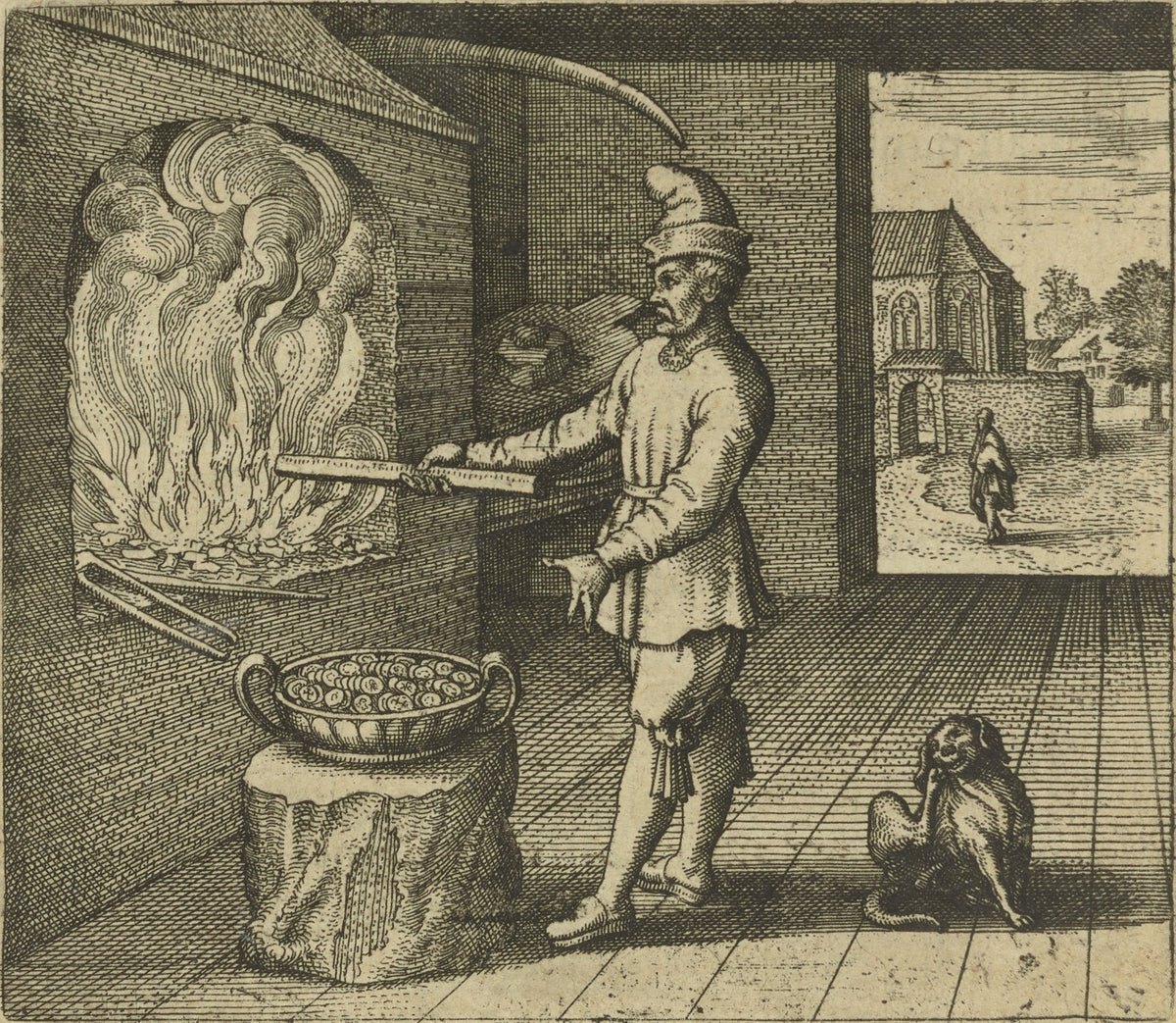 Atalanta Fugiens, Emblem 18: Fire Loves to Make Fire, But Gold Does Not Make Gold by Michael Maier — A man in a cap tends a roaring furnace beside a bowl of