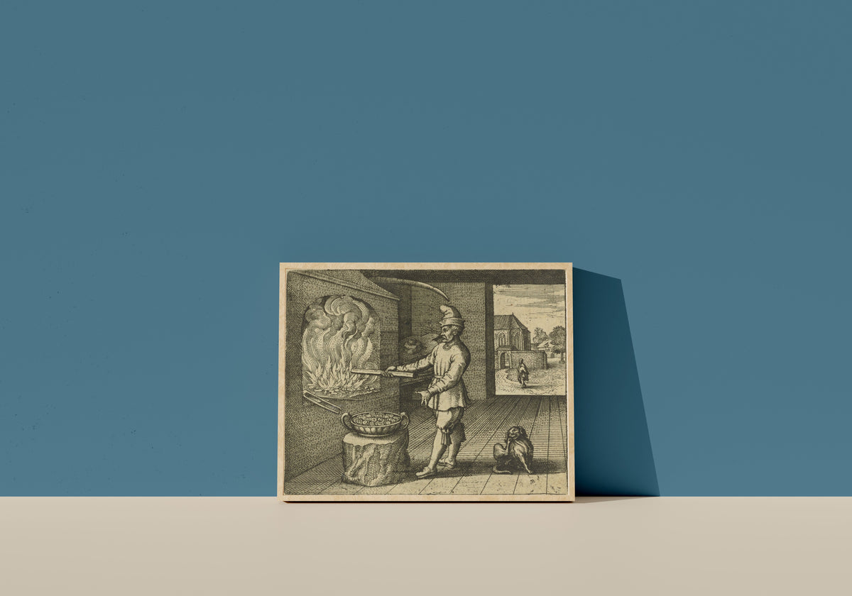 Framed art print of Atalanta Fugiens, Emblem 18: Fire Loves to Make Fire, But Gold Does Not… by Michael Maier, in a light wood frame leaning on a blue wall