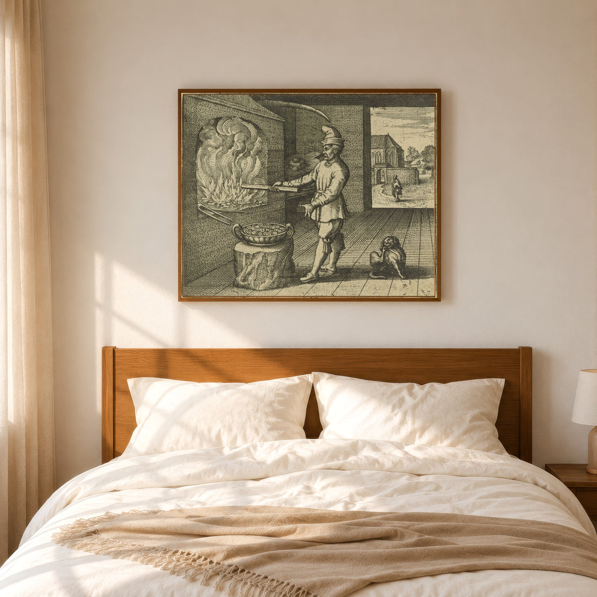 Framed art print of Atalanta Fugiens, Emblem 18: Fire Loves to Make Fire, But Gold Does… by Michael Maier, in a slim wood frame above a bed in a sunlit bedroom