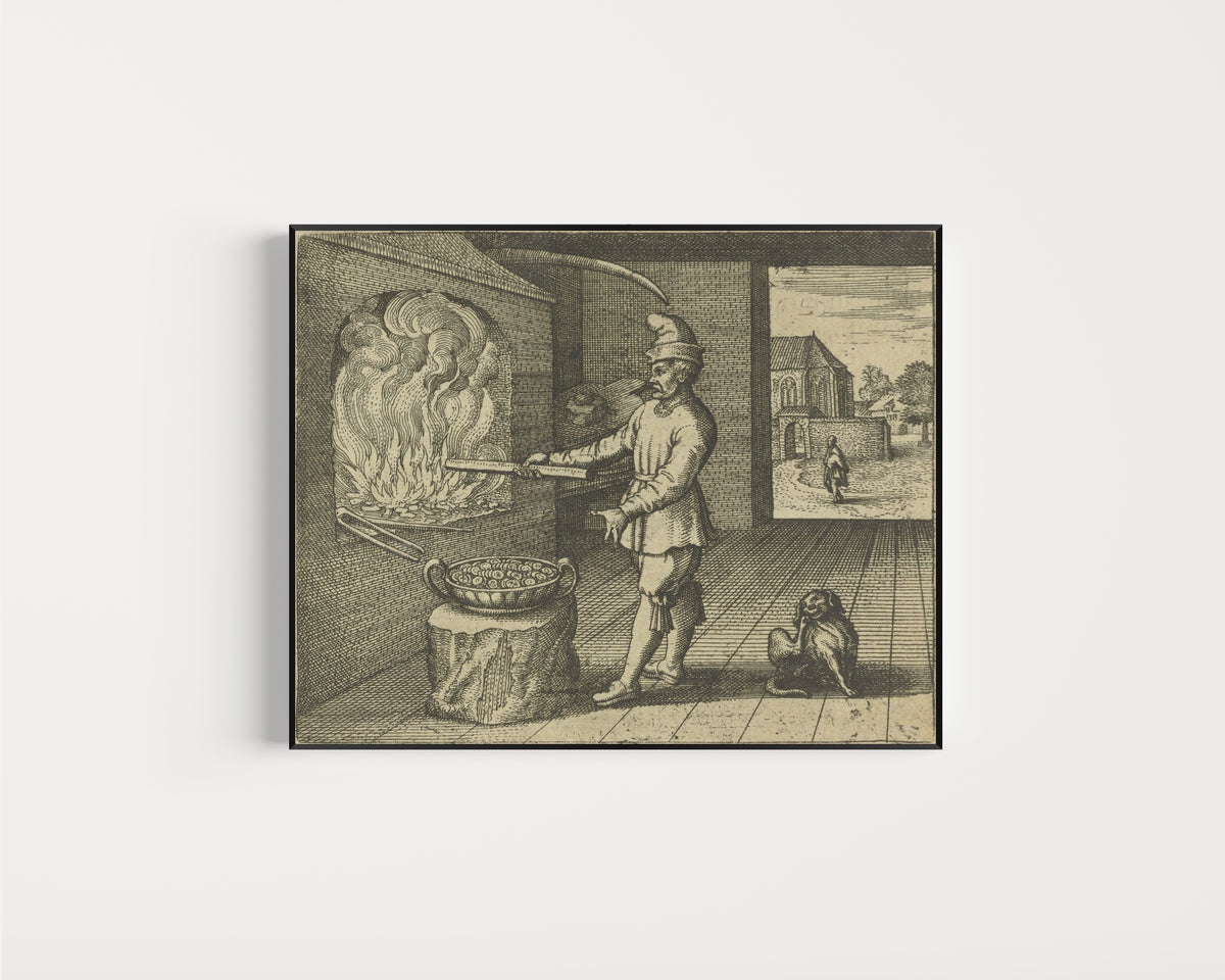 Framed art print of Atalanta Fugiens, Emblem 18: Fire Loves to Make Fire, But Gold Does Not Make… by Michael Maier, in a slim black frame on a plain white wall