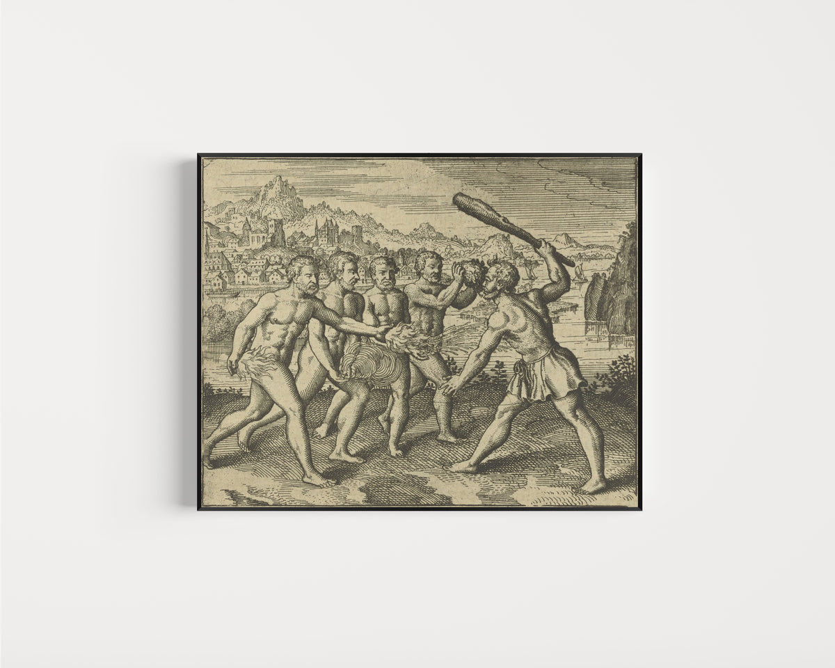 Framed art print of Atalanta Fugiens, Emblem 19: If You Kill One of the Four, Suddenly All Will… by Michael Maier, in a slim black frame on a plain white wall